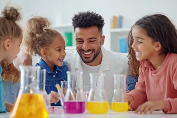 a cheerful science activity in a classroom involving children and a teacher with colorful liquids