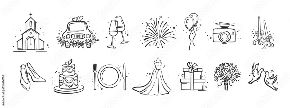 Hand Drawn Marriage Icons Set. Wedding elements collection. Wedding ...