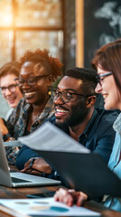 Poster - A lively gathering of four friends at a cozy coffee shop, deeply engaged in their work, sharing laughs and ideas while they collaborate effortlessly