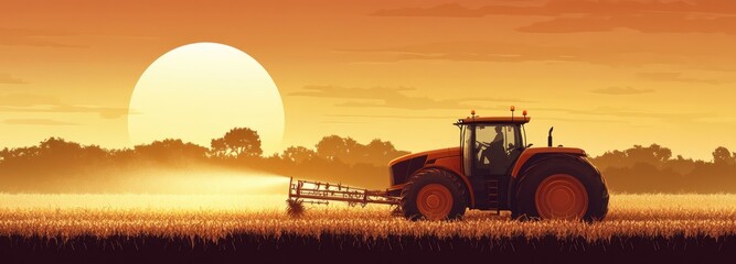 Poster - A tractor harvests a field of wheat at sunset