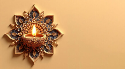 Diya oil lamp on a colorful Rangoli design. Celebrating happy Diwali, the Hindu festival of lights.