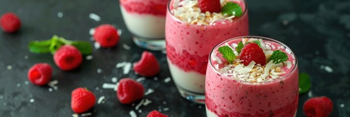 Poster - Layered Strawberry and Raspberry Smoothie with Mint and Coconut Flakes � A Healthy Breakfast or Snack Choice