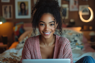 Wall Mural - A photo of a happy teenage girl wearing jeans and a pink sweater vest, sitting on her bed in front of a laptop