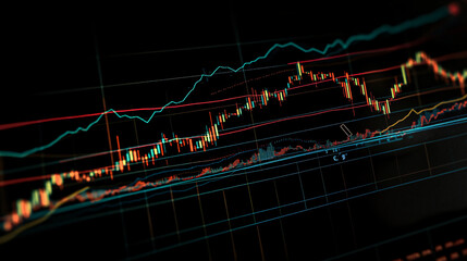 Wall Mural - A stock market graph displayed on a screen showing a chart of financial trends. Glowing digital line art of a colorful wave pattern in a dark background