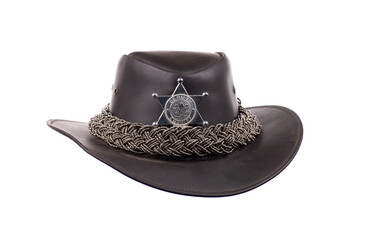 Sticker - leather brown cowboy marshal hat isolated on white background