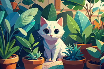 a cute white cat hides behind green plants in pots, vector illustration flat 2