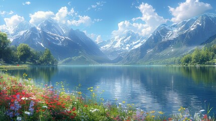 Wall Mural - Breathtaking mountain landscape with lake and wildflowers - generative ai