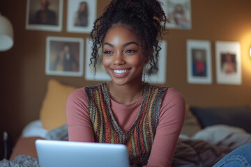 Wall Mural - A photo of a happy teenage girl wearing jeans and a pink sweater vest, sitting on her bed in front of a laptop