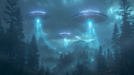 Mysterious ufos hovering over forest - generative ai