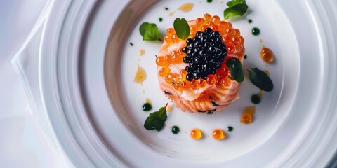 Wall Mural - Delicate salmon tartare adorned with black caviar presented on a flawless white platter.