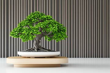 Poster - An elegant bonsai tree displayed in a modern home, with clean lines and a neutral color palette, bringing a touch of nature into the space