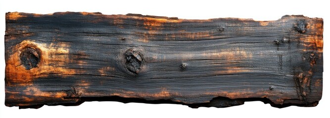 Poster - Charred and Weathered Wooden Plank Isolated on White Background