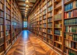 © Man888 - Rows of tall, wooden bookshelves filled with books of various sizes and colors, lined up neatly in a quiet and peaceful library room interior.