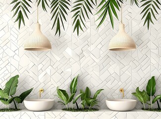 Wall Mural - White Tile Bathroom Design With Green Plants And Wicker Lights