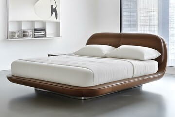 Wall Mural - Modern Wooden Bed Frame with White Linens