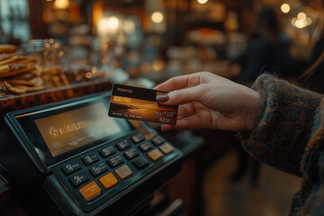 two hands holding an credit card and handing it over to the receptionist at restaurant