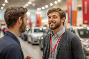 Wall Mural - A salesperson is selling cars to an elegant man in the car showroom, with various vehicles parked on both sides of them and another customer standing next to them, listening attentively