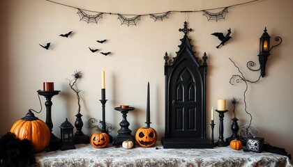 A Halloween tabletop with candles, pumpkins, a black door, and bats hanging on the wall.