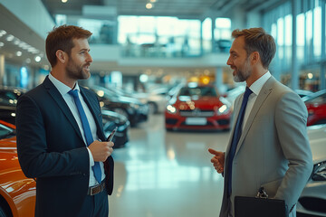 Wall Mural - A salesperson is selling cars to an elegant man in the car showroom, with various vehicles parked on both sides of them and another customer standing next to them, listening attentively