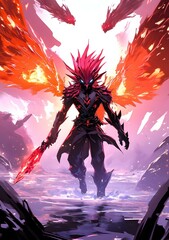 Poster - Fantasy Illustration of a Red Winged Creature with a Sword