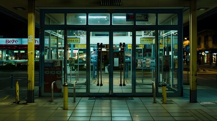 Canvas Print - Night View of Glass Doors Entrance to a Store with Neon Lights