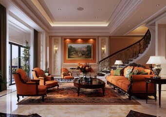 Canvas Print - Luxury Living Room Interior Design with Ornate Furniture and Staircase