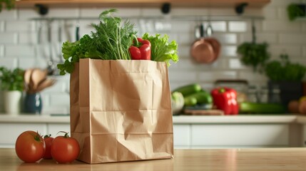 Canvas Print - A bag of vegetables in a paper shopping bag on the kitchen counter. AI.