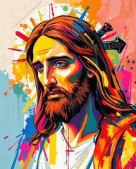 Wall Mural - Jesus Christ in front of a colorful background. Colorful vector illustration, Jesus Christ face art illustration. Jesus Christ with a colorful abstract background. Vector illustration of Jesus Christ.