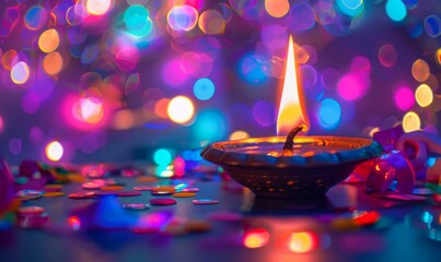 A beautiful diya surrounded by colorful lights and confetti. AI.