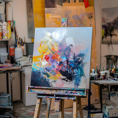 Abstract Artistic Painting on Easel in a Creative Studio with Bold Colors and Textures, Emphasizing Visual Experimentation and Emotional Evocation