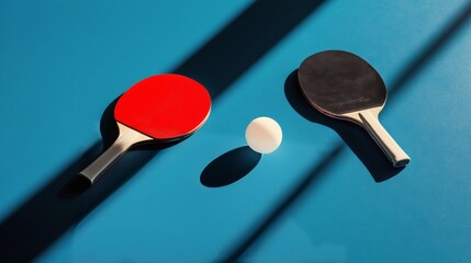 Two table tennis paddles with a ball on a blue background