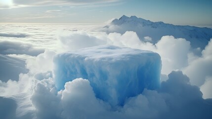 Canvas Print - Blue Ice Cliff Above Clouds in Winter Mountain Landscape