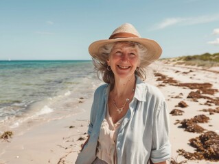 Poster - A woman in a straw hat smiles brightly on a sandy beach. AI.