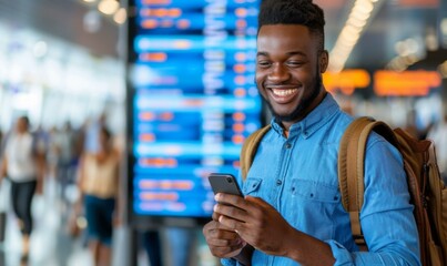 Canvas Print - A man smiles while looking at his phone. AI.