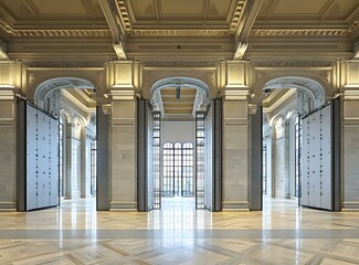 Poster - Grand Hall Interior With Large Windows And Marble Flooring