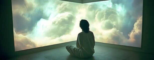 Poster - Woman Sitting in a Room with a Projection of Clouds