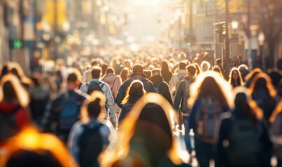 Sticker - A large group of people walking down a street in the city. AI.