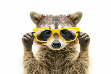 Poster - A raccoon wearing yellow glasses and holding up his hands. AI.