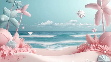 Wall Mural - Calm pastel beach with pink accents and gentle waves under a clear sky