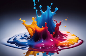 Cyan, magenta, and yellow paint splash against a dark background, creating a colorful crown shape