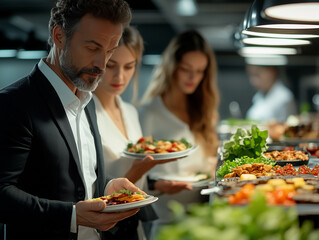 Group of people at an upscale buffet selecting dishes at a gourmet food display in an elegant restaurant setting during the evening