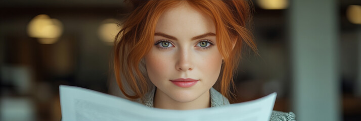 Focused Woman with Red Hair Reading Document, Comprehensive and Thoughtful, Bathed in Soft Natural Light with Neutral Background