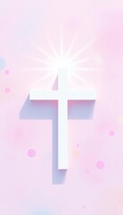 Wall Mural - white cross on the blue sky with clouds and sun rays - religious background, Illustration of a Christian cross on a colorful background with space for text, Christian cross on pastel background