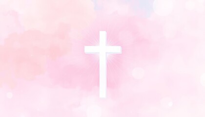 white cross on the blue sky with clouds and sun rays - religious background, Illustration of a Christian cross on a colorful background with space for text, Christian cross on pastel background