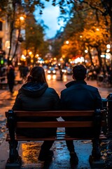 Couple Sitting on Bench in City at Night