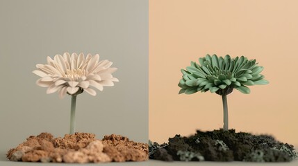 Two Flowers Growing in Soil on a Green and Beige Background