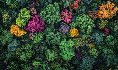 Wall Mural - a lush green forest with many trees of different colors. the trees are in full bloom, creating a vib