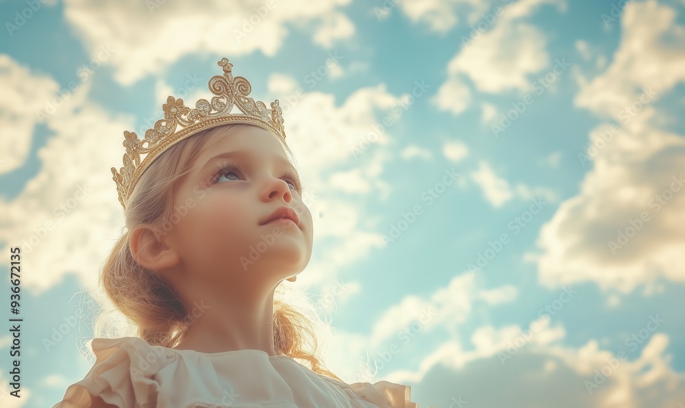 A young girl wearing a golden tiara is looking up at the sky. The sky ...