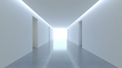 Wall Mural - Minimalist White Hallway with Doors and Bright Light at the End