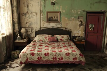 Wall Mural - Vintage Floral Bedspread in Abandoned Room